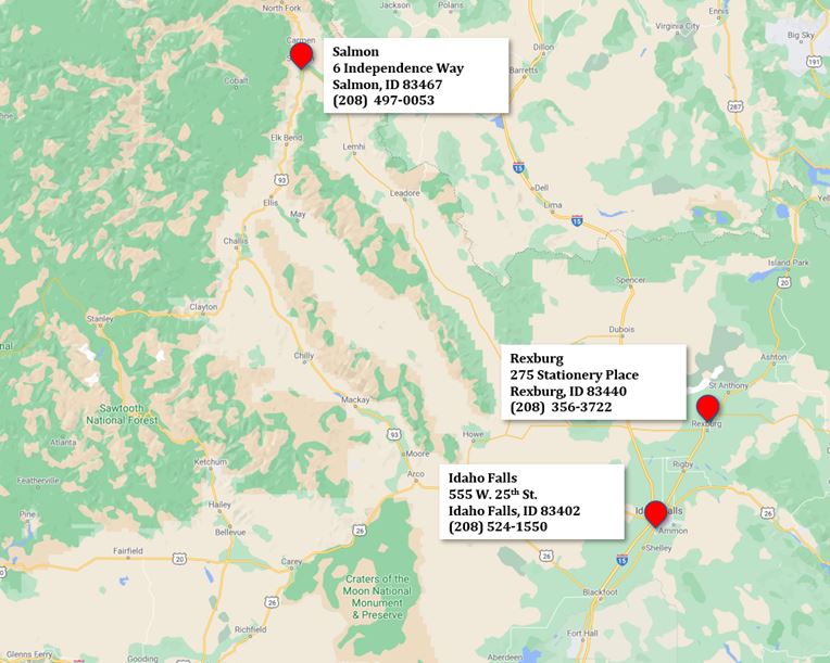 Map of DWI office locations in Salmon, Rexburg, and Idaho Falls, Idaho